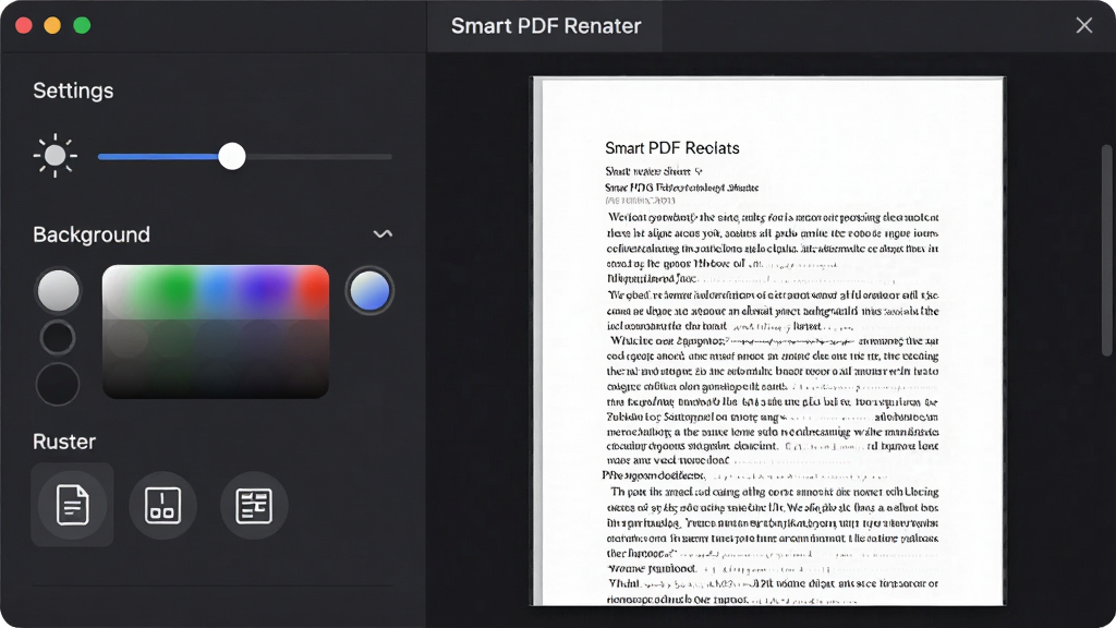 一张展示Smart PDF阅读器个性化阅读视图设置的图片,主体为软件设置面板与文档预览窗口,布局为左侧设置选项、右侧实时预览,风格为柔和暗色调界面,细节包括亮度滑块、背景色选择器、页面布局图标,画质清晰干净,无多余元素