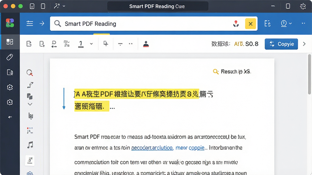 一张展示Smart PDF阅读器全文搜索与文本复制功能的图片,主体为文档页面中高亮显示搜索关键词,布局为搜索框位于顶部、文档内容居中,风格为明亮清晰的办公界面,细节包括高亮黄色标记、搜索结果计数、复制按钮,画质清晰干净,无多余元素