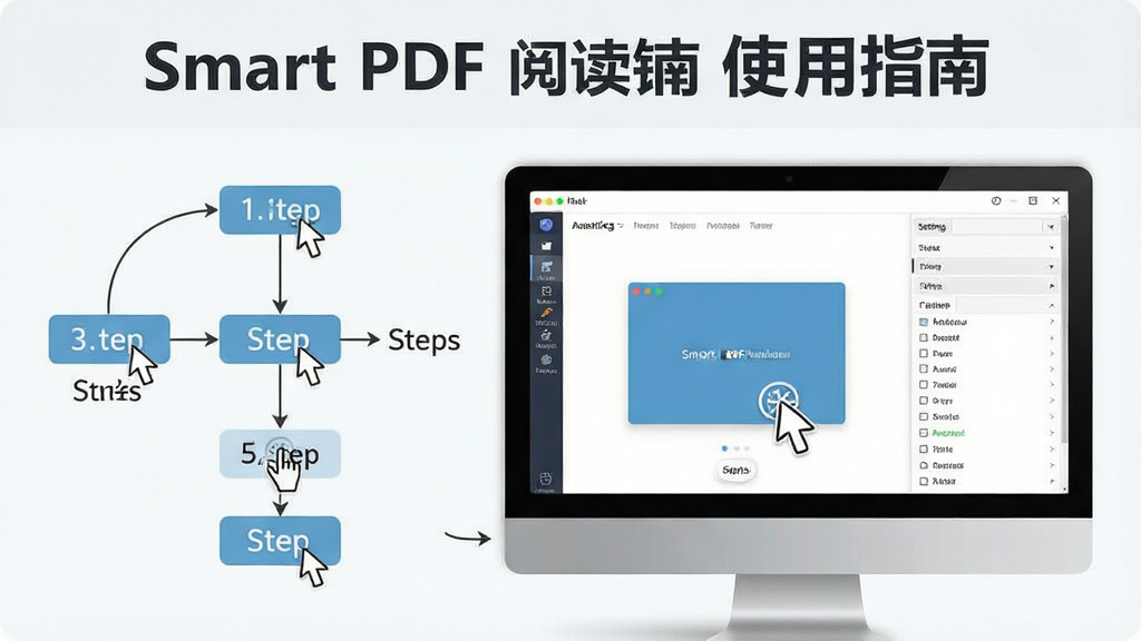 一张展示Smart PDF阅读器使用指南的图片,主体为电脑屏幕上软件操作界面与步骤提示,布局为左侧操作流程图、右侧软件截图,风格为简洁教程风格,细节包括鼠标点击图标、步骤序号、设置面板,画质清晰干净,无多余元素