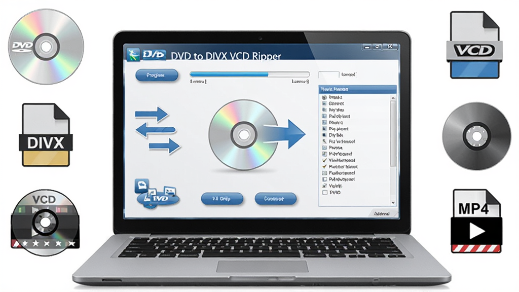 软件全貌展示图,主体为一台打开的笔记本电脑屏幕显示 DVD to DIVX VCD Ripper 软件界面,界面中央有光盘图标与转换箭头,周围环绕 DVD 光盘、DIVX 文件图标、VCD 影碟和 MP4 视频文件图标,布局采用居中对齐的科技感排版,风格为现代扁平化设计,细节包括蓝色渐变按钮、进度条和格式列表,画质高清 1080p,画面干净,无多余元素