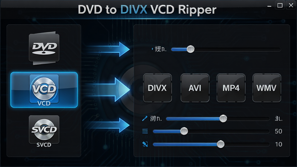 DVD to DIVX VCD Ripper 软件功能展示图,主体为软件界面中的格式选择面板,左侧竖排显示 DVD、VCD、SVCD 输入图标,右侧横排显示 DIVX、AVI、MP4、WMV 输出图标,中间用发光箭头连接,布局为左右对称,风格为深色科技风,细节包括蓝色高亮选中状态和参数调节滑块,画质超清,画面干净,无多余元素