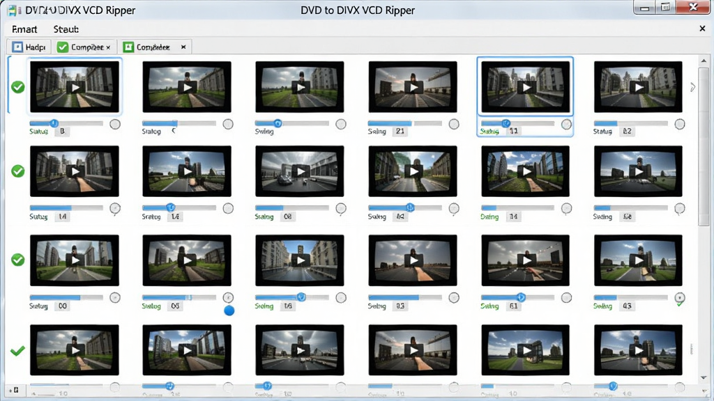 DVD to DIVX VCD Ripper 软件批量转换功能示意图,主体为软件任务队列界面,屏幕上显示多个视频文件缩略图排列成行,每个文件下方有进度条和状态标签,布局为纵向列表式排版,风格为简洁商务风,细节包括绿色完成标记和蓝色进行中标记,画质高清,画面干净,无多余元素