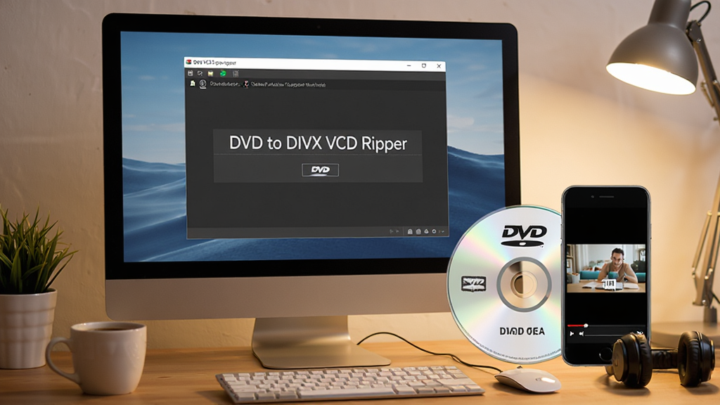 DVD to DIVX VCD Ripper 软件使用场景图,主体为一台台式电脑显示器展示软件转换完成界面,屏幕旁边放置一张 DVD 光盘和一部智能手机,手机屏幕上显示转换后的视频播放画面,布局为桌面场景式排版,风格为温馨居家风格,细节包括桌面上的咖啡杯和耳机,画质高清,画面干净,无多余元素