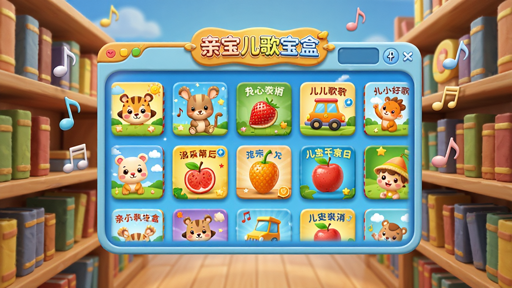 一个充满童趣的虚拟音乐图书馆场景,画面中央是亲宝儿歌宝盒的界面窗口,窗口内整齐排列着各种儿歌专辑封面,有卡通动物、交通工具和水果图案,布局采用透视感强的书架形式,排版错落有致,风格为3D卡通渲染,细节包括柔和的灯光和漂浮的音乐符号,画质高清,干净,无多余元素