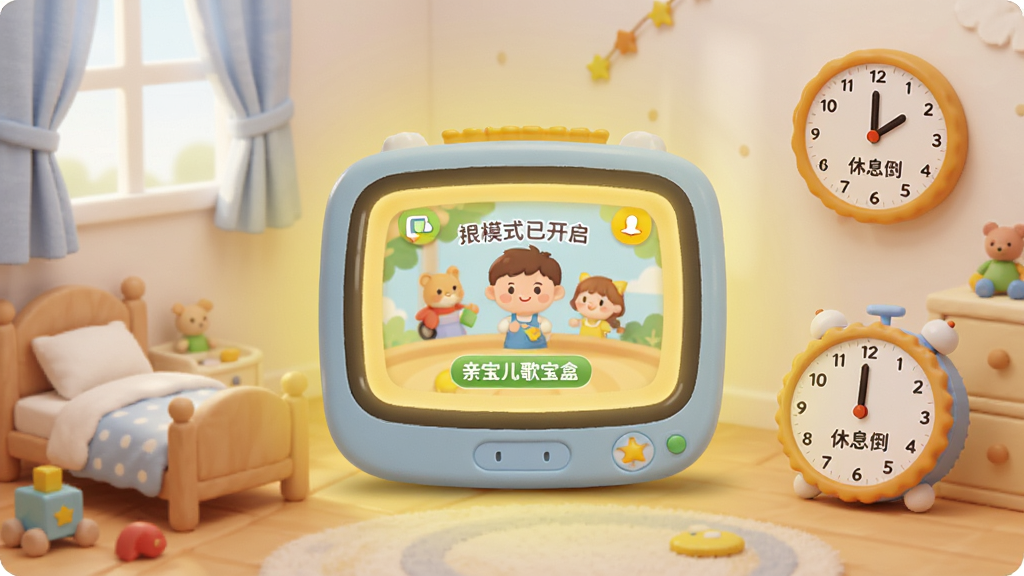 一个温馨的儿童房场景,画面中亲宝儿歌宝盒的界面显示护眼模式已开启,屏幕发出柔和的暖黄色光,旁边有一个卡通时钟显示休息倒计时,布局采用中心对称,排版简洁,风格为柔光手绘风格,细节包括小床、玩具和窗帘,画质高清,干净,无多余元素