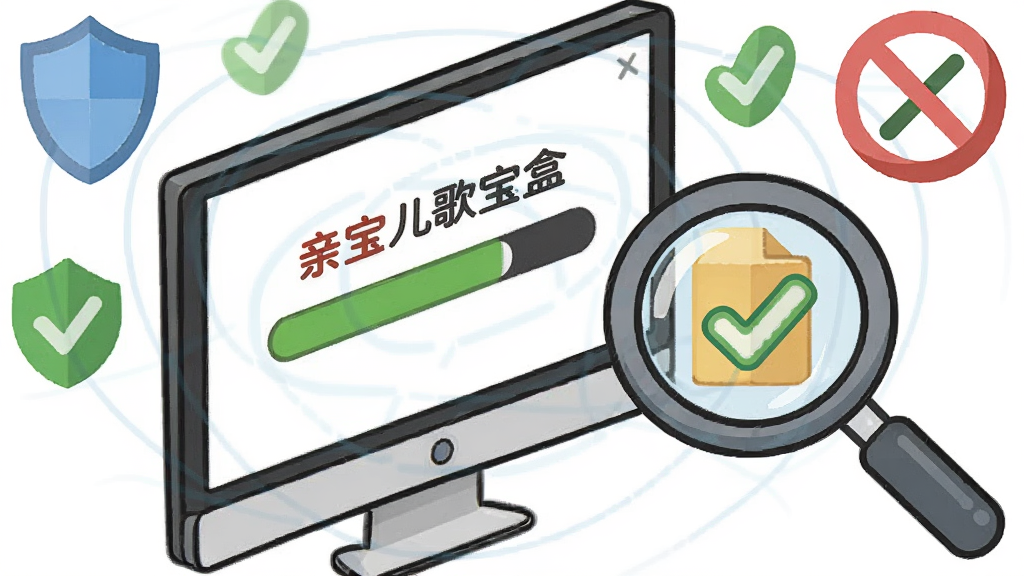 一幅展示电脑桌面安装软件过程的卡通图解,画面主体是一台显示器,屏幕上显示亲宝儿歌宝盒的安装进度条,旁边有一个放大镜图标正在检查文件安全性,布局采用斜角透视,排版清晰,风格为扁平化信息图,细节包括盾牌图标、对勾标记和禁止符号,画质高清,干净,无多余元素