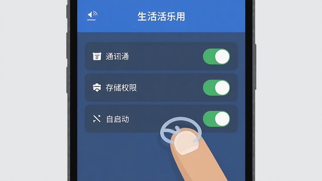 一部手机屏幕显示生活乐应用的权限设置页面,界面上有通知权限、存储权限、自启动权限等开关选项,旁边有手指点击操作的示意,背景为浅灰色,风格为扁平化UI展示图,画质清晰,干净整洁