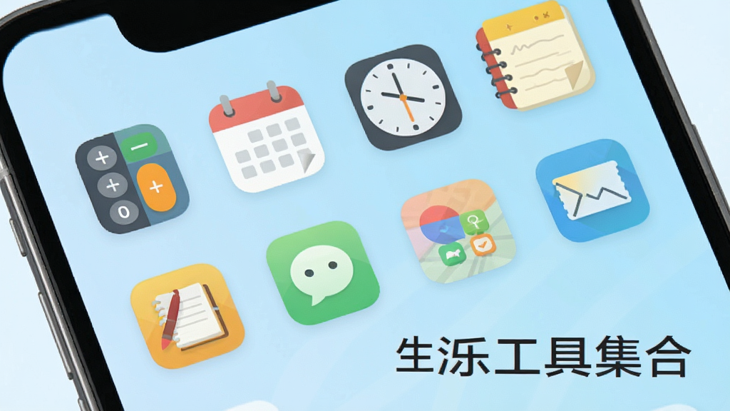 一部手机屏幕中展示着多个生活小工具图标整齐排列,包括计算器、日历、时钟、记事本等,图标风格统一为圆角扁平化,背景为淡蓝色渐变,画面简洁明亮,文字标注生活乐工具集合,画质清晰,干净无多余元素