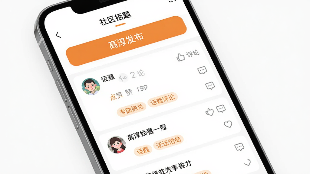 一张社区互动类手机应用界面图,主体为