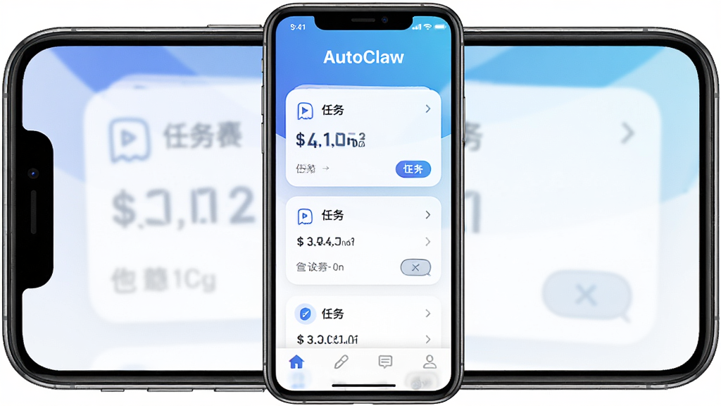 AutoClaw软件主界面展示,画面中央是手机屏幕,屏幕内显示AutoClaw应用首页,顶部有AutoClaw文字标识,中间是任务卡片式布局,底部有导航栏,整体色调为蓝白渐变,风格简洁现代,细节清晰,画质干净,无多余元素