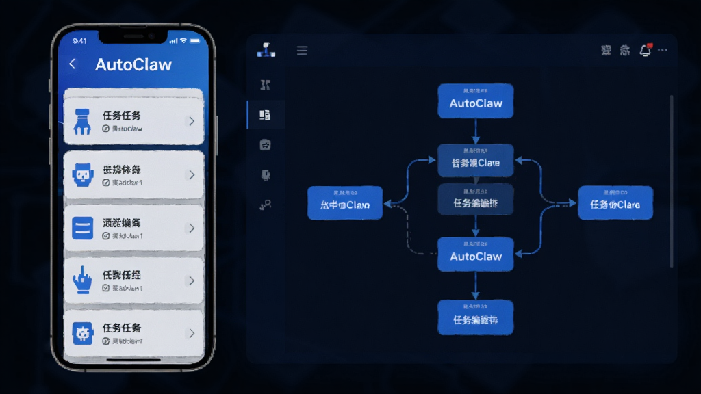 AutoClaw智能任务编排功能展示,画面左侧是手机屏幕显示任务列表,右侧是流程图形式的任务编排界面,节点之间有箭头连接,屏幕上方有AutoClaw字样,整体风格为科技蓝配色,布局清晰,细节丰富,画质干净,无多余元素