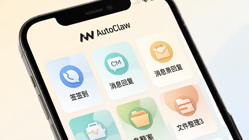 AutoClaw多场景适配功能展示,画面中手机屏幕显示多个场景模板卡片,包括签到、消息回复、文件整理等图标,卡片整齐排列,背景为浅色渐变,屏幕顶部有AutoClaw标识,风格清新简约,细节清晰,画质干净,无多余元素