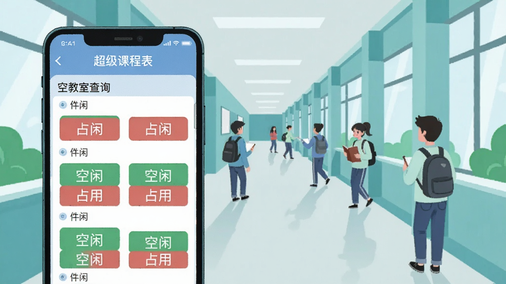 手机屏幕展示“超级课程表”空教室查询页面,页面中列出多间教室的占用状态,绿色表示空闲、红色表示占用,背景为大学教学楼走廊,有学生走动,风格为清新扁平插画,排版清晰,色调以蓝绿为主,画质干净,无多余装饰