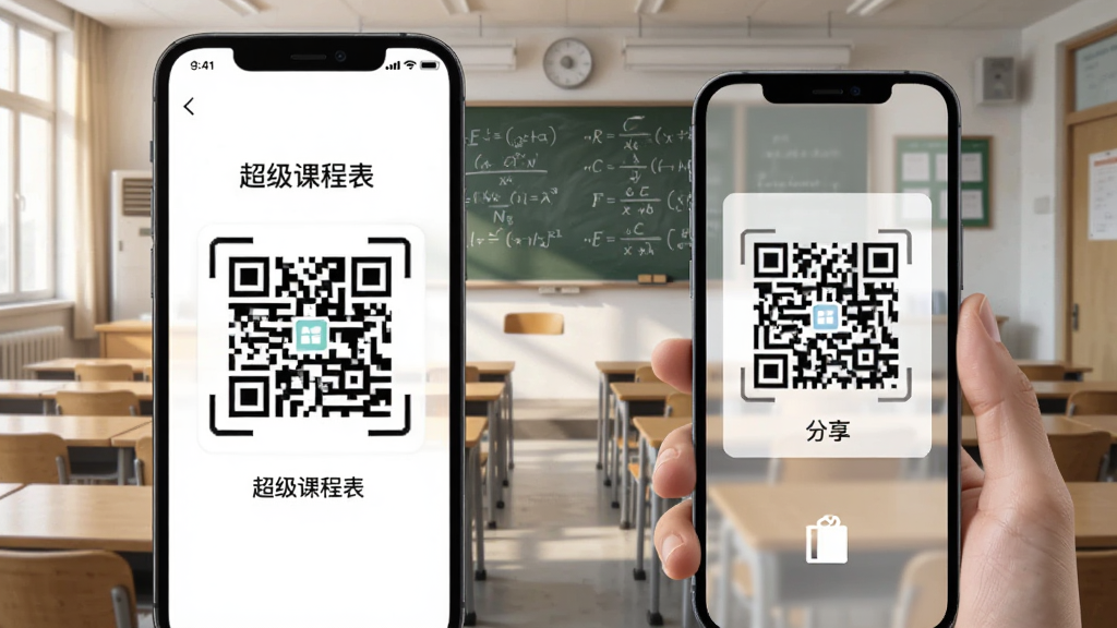 一部手机屏幕显示“超级课程表”二维码扫描界面,另一部手机正在展示分享二维码,背景为大学教室场景,课桌椅整齐排列,黑板上有课程公式,整体风格为写实数字插画,构图左右呼应,光线明亮柔和,画质清晰,无杂乱元素