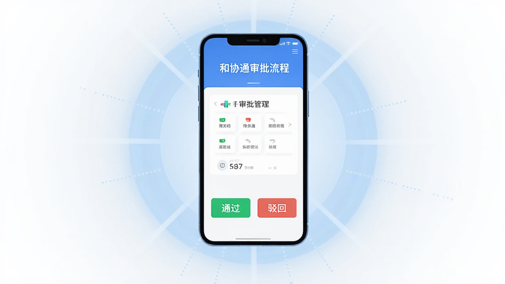 主体为一部手机悬浮在画面中央,屏幕显示和协通审批流程界面,带有通过和驳回按钮,布局为居中放射状构图,排版突出审批操作按钮,风格为科技扁平化插画风,细节上背景有淡蓝色光晕,画质高清,画面干净,无多余元素