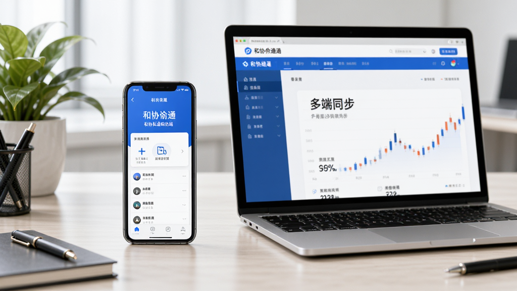 主体为一部手机和一台笔记本电脑并排放在办公桌上,手机显示和协通移动端界面,电脑显示和协通网页版界面,布局为左右对比构图,排版突出多端同步概念,风格为现代科技办公风,细节上桌面有绿植和文具,画质高清,画面干净,无多余元素