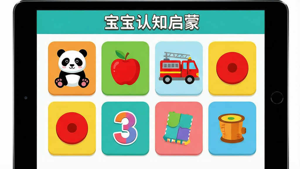 一张展示宝宝认知启蒙软件界面的图片,画面中平板电脑屏幕上排列着十几张色彩鲜艳的认知卡片,卡片上分别画着熊猫、苹果、消防车、红色圆形、数字3等图案,屏幕上方有宝宝认知启蒙的文字标识,整体风格为清新明亮的卡通扁平化风格,色彩丰富但不刺眼,画面干净整洁,高清画质,适合作为功能展示图