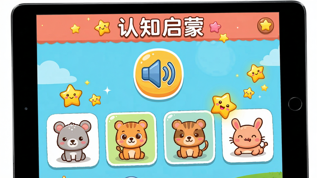 一张展示宝宝认知启蒙软件互动测试功能的图片,画面中平板电脑屏幕上显示着一个听音选图的小游戏界面,屏幕上方有一个喇叭图标正在播放声音,下方排列着四张动物图片供选择,画面中有星星和笑脸的奖励动画特效,宝宝认知启蒙的文字标识出现在屏幕顶部,整体风格为活泼可爱的卡通风格,色彩明快,画面干净,高清画质