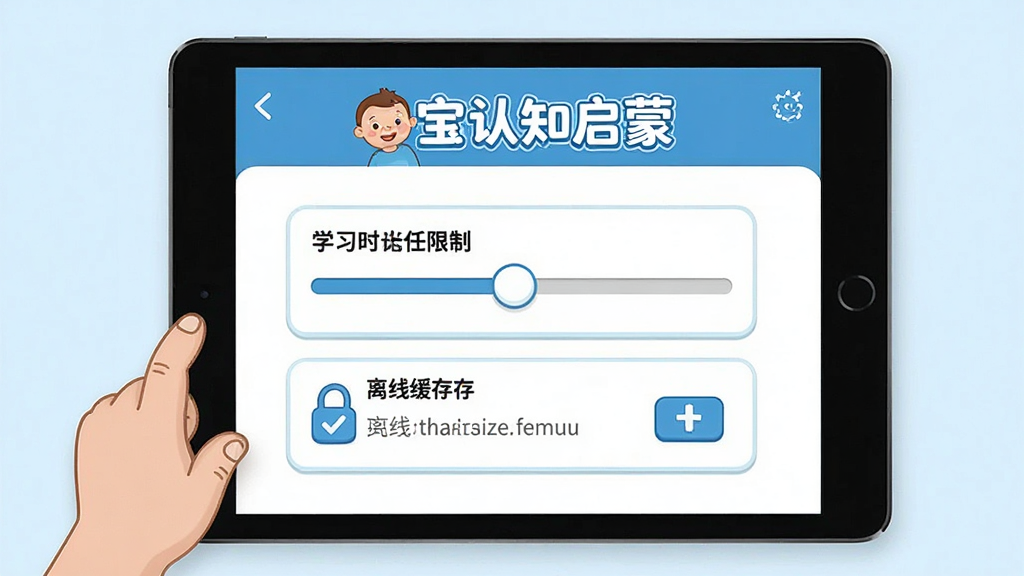一张展示宝宝认知启蒙软件家长管控功能的图片,画面中平板电脑屏幕上显示着家长设置界面,可以看到学习时长限制的滑块和离线缓存的管理选项,屏幕上方有宝宝认知启蒙的文字标识,画面整体风格为简洁清新的卡通风格,色彩以蓝色和白色为主,画面干净整洁,高清画质