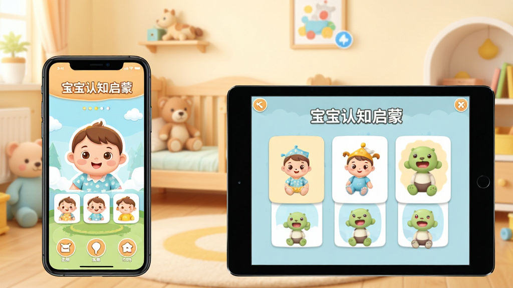 一张展示宝宝认知启蒙软件在手机和平板电脑上同时运行的图片,画面左侧是一部智能手机显示着软件主界面,右侧是一台平板电脑显示着认知卡片学习界面,屏幕上方都有宝宝认知启蒙的文字标识,背景是温馨的儿童房环境,整体风格为清新明亮的卡通风格,色彩温暖柔和,画面干净整洁,高清画质