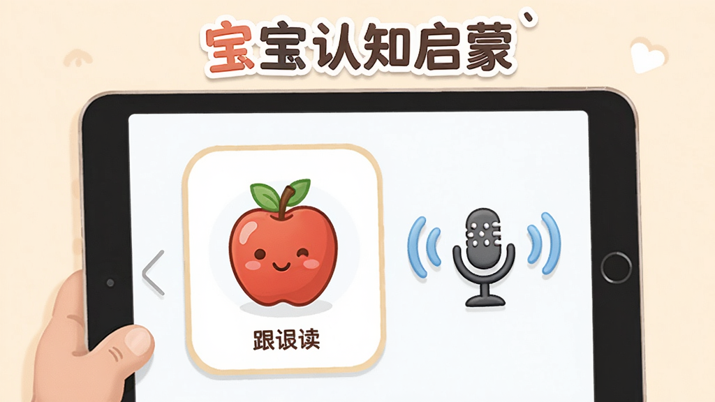 一张展示宝宝认知启蒙软件发音跟读功能的图片,画面中平板电脑屏幕上显示着一张苹果的认知卡片,卡片旁边有一个麦克风图标和声波波纹动画,屏幕上方有宝宝认知启蒙的文字标识,画面整体风格为温馨的卡通风格,色彩柔和明亮,画面干净整洁,高清画质