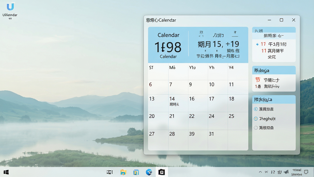 一张展示意唯心心日历URCalendar软件主界面的图片,画面中央为Windows桌面环境,桌面右侧悬浮着一款半透明磨砂质感的日历窗口,窗口内清晰显示公历日期、农历信息、节气标注和待办事项列表,日历配色以浅蓝和白色为主,风格简洁清新,桌面背景为淡雅风景壁纸,整体布局干净有序,画质清晰,无多余元素