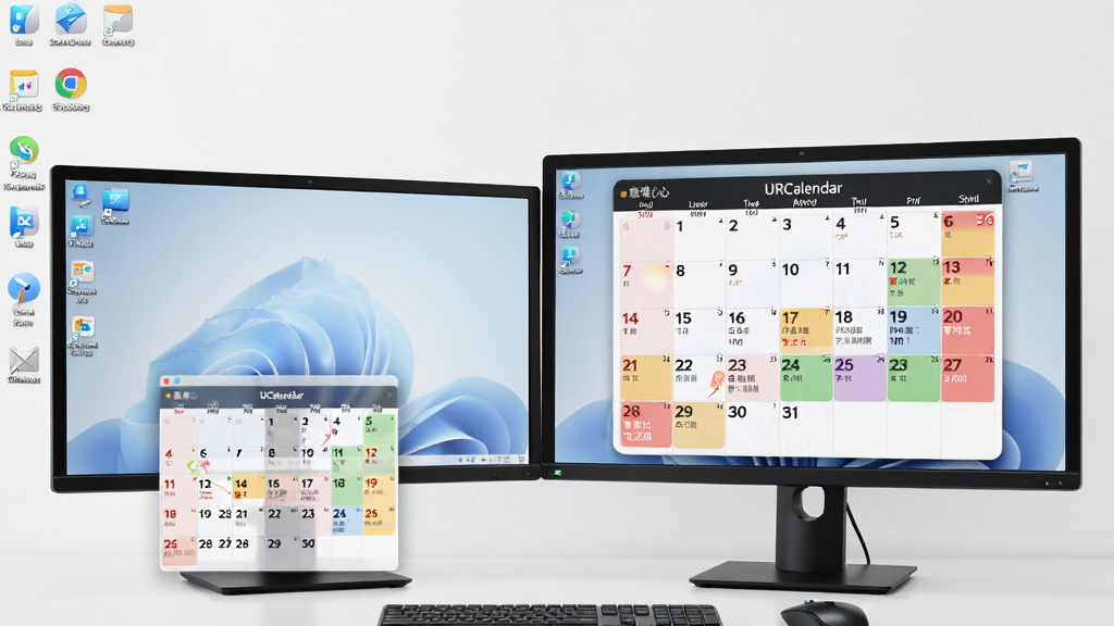 一张意唯心心日历URCalendar桌面嵌入效果的截图,画面展示一台双显示器电脑桌面,左侧显示器右下角放置了一款半透明日历小窗,右侧显示器中央放置了一款大尺寸日历面板,日历上标注了农历日期和节假日颜色区分,整体风格现代简洁,桌面图标排列整齐,画质清晰,干净无杂乱元素