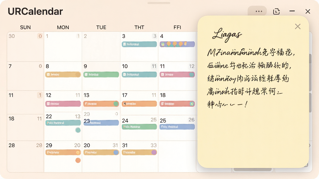 一张意唯心心日历URCalendar日程管理功能的界面截图,画面中日历面板上多个日期格内显示彩色事件标记,右侧弹出便签编辑窗口,便签背景为淡黄色,上面有手写风格的文字内容,窗口边缘有圆角设计,整体配色柔和温暖,画质清晰,布局合理,无多余装饰元素