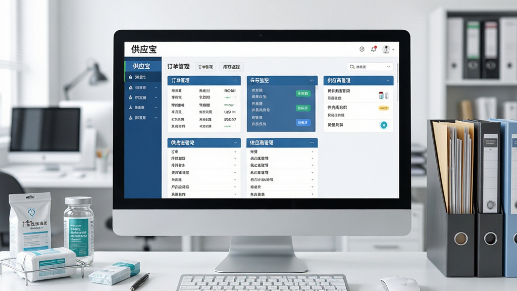 一张展示医疗供应链管理软件界面的图片,画面中央是电脑屏幕,屏幕上显示“供应宝”软件的主界面,包含订单管理、库存监控、供应商管理等模块,屏幕旁边摆放着医疗用品和文件资料,背景是整洁的办公室环境,风格为写实商务风,细节丰富,画质清晰,干净无多余元素