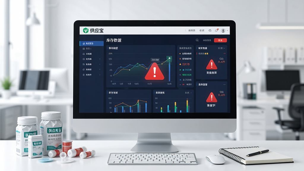 一张展示“供应宝”软件智能库存预警功能的图片,画面中央是电脑屏幕,屏幕上显示库存数据仪表盘和红色预警提示图标,屏幕旁边有医疗耗材和记事本,背景是明亮的办公室,风格为科技商务风,细节清晰,画质优良,干净无多余元素