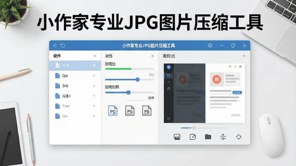 一张宽幅的软件界面概念图,画面中央是“小作家专业JPG图片压缩工具”的主操作窗口,窗口左侧是文件列表区,右侧是压缩前后对比预览,窗口上方有醒目的软件名称文字,背景是干净整洁的浅色桌面环境,整体风格为现代简约的扁平化设计,细节包括进度条、压缩比例滑块和格式图标,画质清晰锐利,画面干净无多余元素