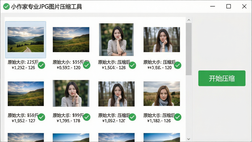 一张展示批量压缩功能的界面截图风格图片,画面中“小作家专业JPG图片压缩工具”窗口内排列着多张风景和人物照片的缩略图,每张图下方显示原始大小和压缩后大小,右侧有一个醒目的“开始压缩”按钮,整体布局清晰,风格为清爽的浅灰色调,细节包括文件大小对比数字和绿色完成勾选标记,画质干净利落
