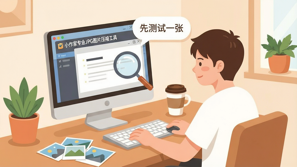 一张展示新手使用电脑软件场景的插画,画面中一位年轻人坐在书桌前,电脑屏幕上显示“小作家专业JPG图片压缩工具”的界面,旁边有放大镜和提示气泡,气泡内写着“先测试一张”,桌面上散落着几张照片,整体风格为温馨的扁平化插画,色调柔和,细节包括咖啡杯和绿植,画质干净舒适