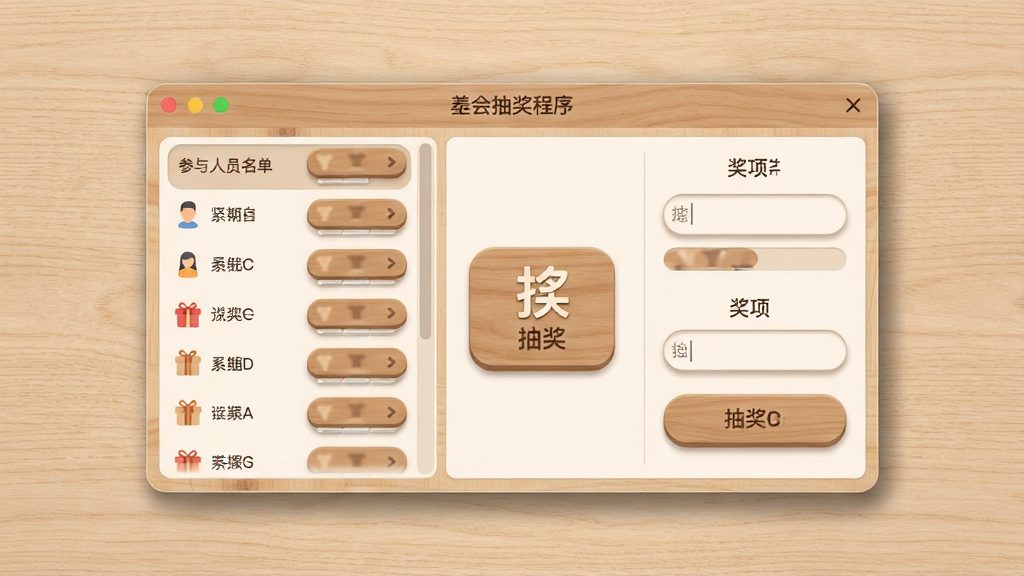 软件主界面展示,画面中央是木头抽奖程序的主窗口,左侧为参与人员名单列表,右侧为抽奖按钮和奖项设置区域,背景为浅木色纹理桌面,界面风格简洁清爽,整体布局对称,采用扁平化设计风格,细节包括木质纹理按钮、圆角输入框和柔和阴影,画质清晰,干净,无多余元素