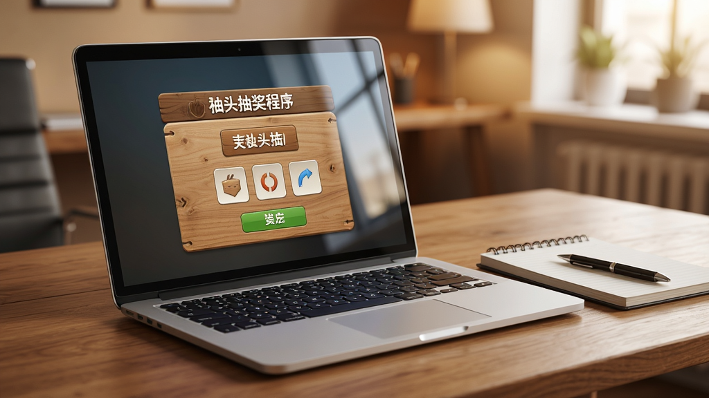 木头抽奖程序使用场景图,画面展示一台笔记本电脑放置在木质桌面上,屏幕中运行着木头抽奖程序,旁边有记事本和笔,背景是温馨的办公室环境,布局为斜角透视构图,风格为写实摄影风格,细节包括屏幕反光、桌面木纹、程序界面清晰可见,画质高清,干净,无多余元素