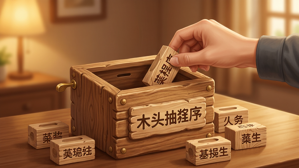 木头抽奖程序功能展示图,画面中显示一个木质风格的抽奖箱界面,箱体上有木头抽奖程序字样,箱子旁边散落着写有姓名的木块,一只手正在从箱中抽取木块,背景是温暖的室内灯光,布局为居中构图,风格为写实插画,细节包括木纹质感、人物手部动作自然、木块上的文字清晰可辨,画质精细,干净,无多余元素