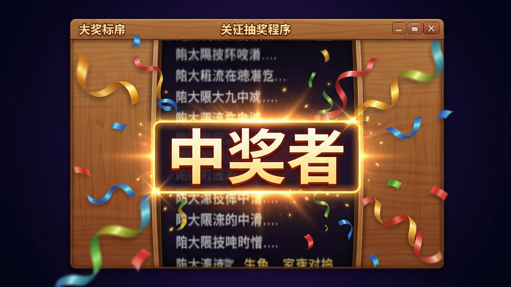 木头抽奖程序抽奖动画截图,画面显示木头抽奖程序窗口正在滚动名字,屏幕中央有醒目的中奖者姓名,周围有彩带和光效装饰,背景为深色渐变,布局为居中突出中奖信息,风格为喜庆欢乐的视觉风格,细节包括滚动文字模糊效果、中奖名字高亮显示、彩带飘落动画,画质清晰,干净,无多余元素