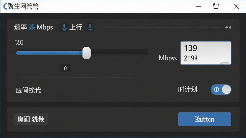 聚生网管软件带宽限速设置面板示意图,画面主体为速率调节滑块与数值输入框,布局为纵向排列的配置项列表,排版简洁明了,风格为现代软件设置界面风格,细节包括上行下行标识、单位Mbps、时间计划开关、应用按钮,画质高清,干净,无多余元素