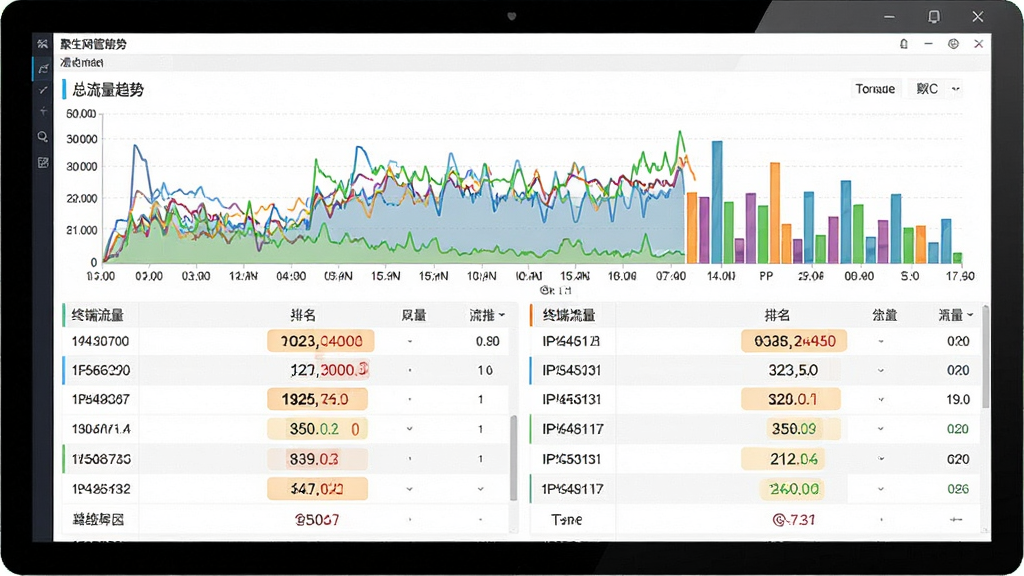 一张聚生网管软件流量监控功能界面示意图,画面主体是一块大尺寸电脑屏幕,屏幕中显示多条彩色流量曲线与柱状图,布局为上方为总流量趋势图下方为各终端流量排名列表,排版采用左右分栏结构,风格为扁平化数据可视化风格,细节包括时间轴刻度、IP地址标签、带宽数值高亮显示,画质清晰,干净,无多余元素