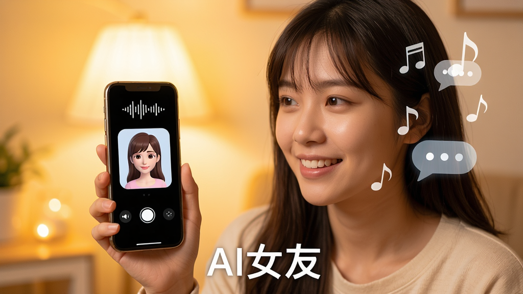 一位年轻女性对着手机说话,手机屏幕中显示声波图标和虚拟女友的头像,画面右侧漂浮着音符和对话气泡,背景为暖黄色调,