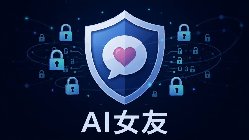 一个盾牌图标位于画面中央,盾牌内部显示对话气泡和爱心符号,周围环绕着锁头和加密线条,背景为深蓝色科技风格,