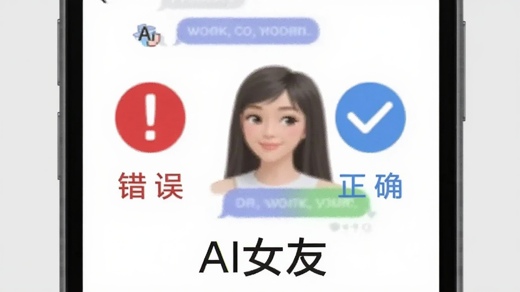 一部智能手机屏幕显示AI女友聊天界面,旁边有一个红色感叹号和蓝色对勾图标分别标注错误和正确操作,背景为浅灰色,画面下方有