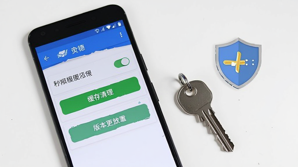 画面主体为一部安卓手机显示德美动态应用设置页面,页面中有存储权限开关、缓存清理按钮和版本更新选项,手机旁边放置着一把钥匙和盾牌图标象征安全设置,背景为白色简洁桌面,风格清爽干净,画质清晰无多余元素。