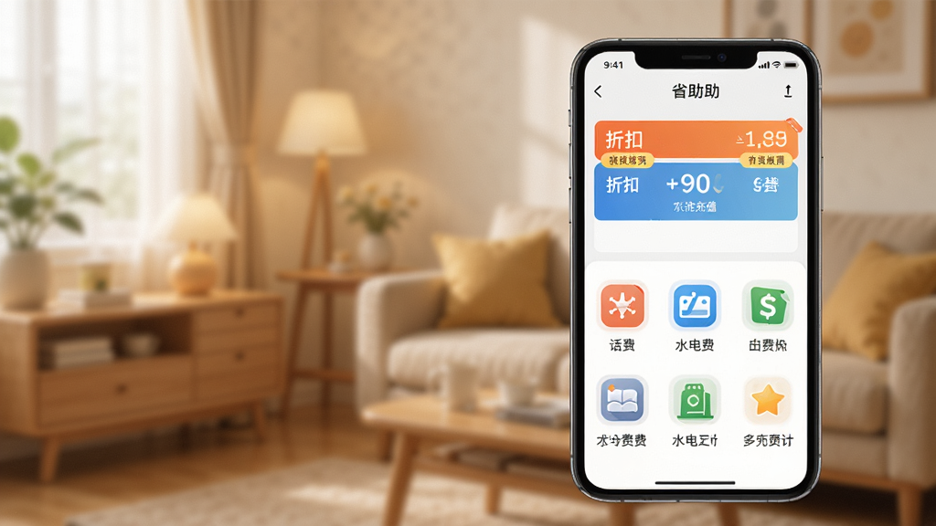 һ������ʡ������ɷѹ��ܵĳ���ͼ���������ֻ���ʾʡ��APP�ĳ�ֵҳ�棬��Ļ�Ϸ����ۿ۱�ǩ���·��ǻ��ѡ�ˮ��ѵȽɷ����ͼ�꣬����Ϊ��ܰ�ļҾӳ����黯����������ɫ����ͣ�ͻ�����ʡǮ�ķ�Χ�����������ɾ���