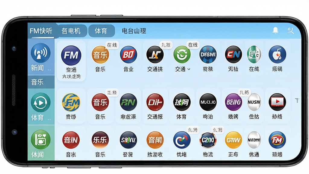 画一幅FM快听免费收音机海量电台频道界面的手机截图风格图片,画面主体为一部安卓手机竖屏展示,屏幕中显示密密麻麻的电台频道列表,按新闻、音乐、交通、体育等分类标签排列,每个频道配有圆形台标和名称文字,背景为浅蓝色渐变,风格简洁明快,细节包括分类导航栏、频道图标、在线人数小标,画质清晰,干净,无多余元素