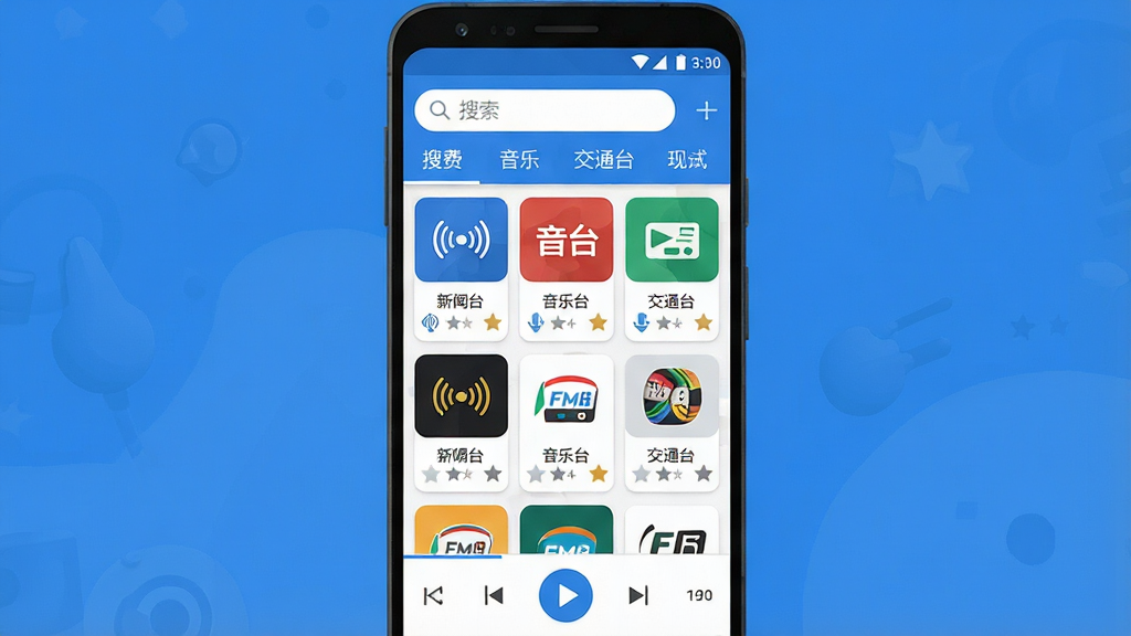 一幅展示FM快听免费收音机App主界面的手机应用截图风格插画,画面主体是一部竖屏安卓手机,屏幕中央显示FM快听免费收音机的频道列表页面,顶部有搜索栏和分类标签,中部排列着新闻台、音乐台、交通台等电台卡片,底部有播放控制条,整体布局干净整洁,风格为扁平化UI设计,色调以蓝白为主,细节包括电台图标、播放按钮、收藏星标等,画质清晰,干净,无多余元素