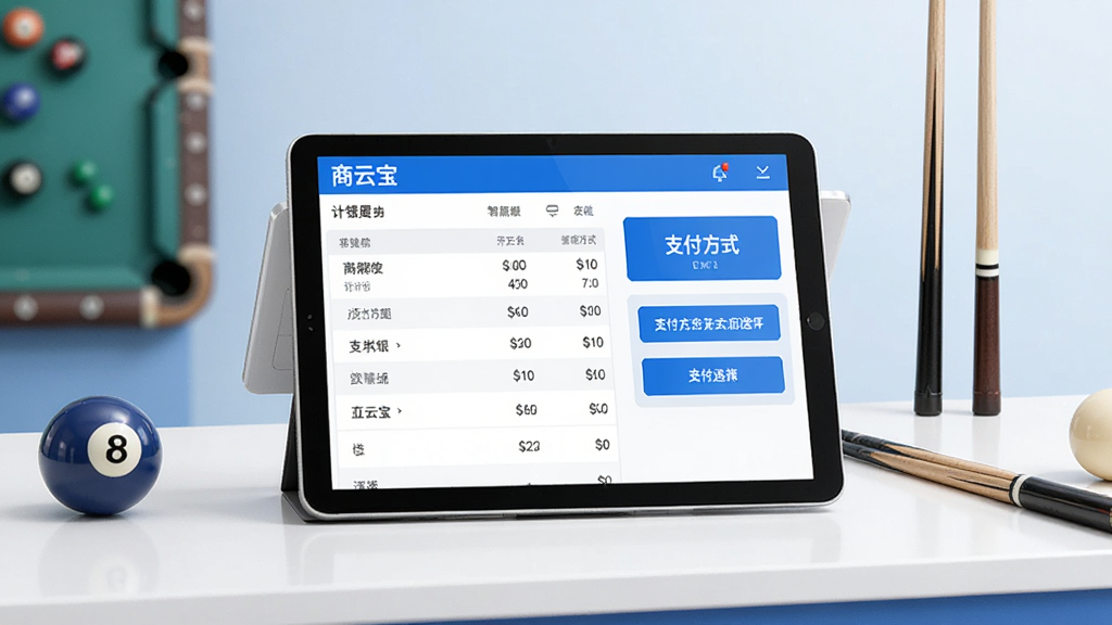 一张展示商云宝智慧收银界面的图片,画面主体是一个收银台平板电脑,屏幕上显示台球桌计费列表和支付方式选择按钮,旁边有台球和球杆作为装饰元素,整体风格明亮清晰,色调以蓝色和白色为主,画质干净无多余元素