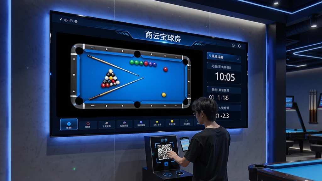 一张展示商云宝球房智慧大屏的图片,画面中有一块大型显示屏挂在台球厅墙上,屏幕显示球桌状态和计时信息,下方有顾客正在扫描二维码,整体风格科技感十足,色调以蓝色和黑色为主,画质清晰干净