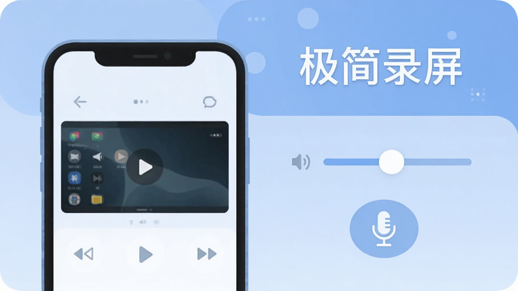 极简录屏音频设置界面展示,画面左侧为手机屏幕图示,右侧为音量调节滑块和麦克风图标,上方有「极简录屏」品牌文字,整体采用柔和的蓝色调,扁平化UI设计,界面清晰易懂,画质干净