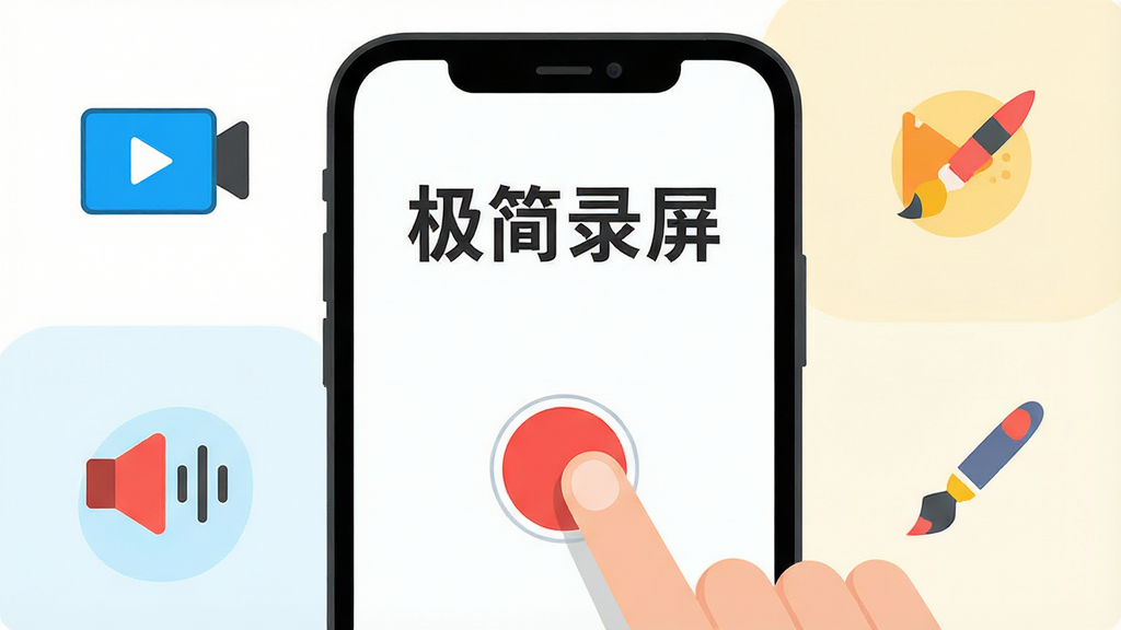 极简录屏一键录制功能展示,画面中央为一只手指轻触红色圆形录制按钮,手机屏幕上方显示「极简录屏」文字标识,周围环绕着代表视频、音频、画笔的简约图标,扁平插画风格,明亮活泼的配色,画面干净整洁,高画质